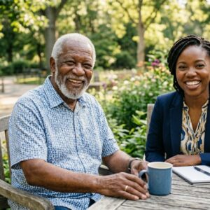 elderly man in park with coffee with professional woman